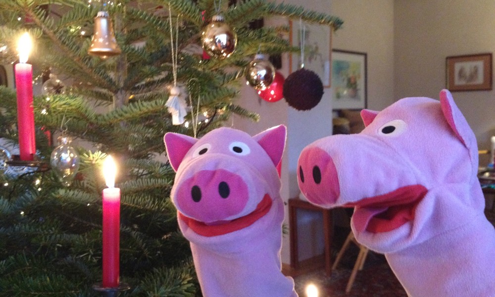 Schweine mit Weihnachtsbaum, darauf einen Sekt.