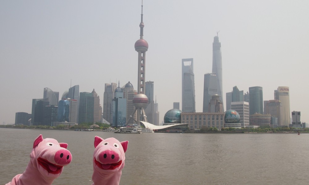 Die Schweine auf dem Bund mit Wolkenkratzern in Pudong.