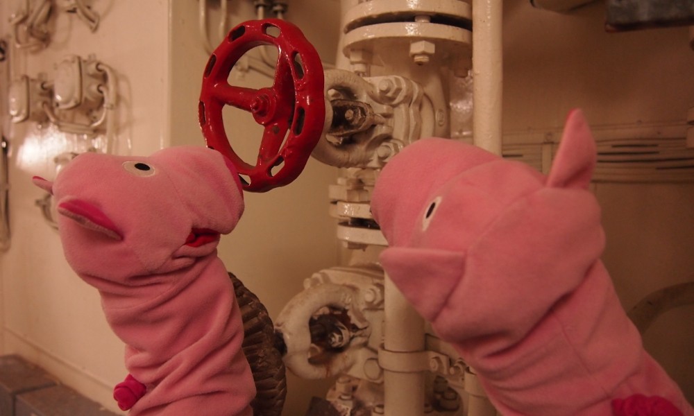 Auf der Fähre zurück nach Deutschland: die Schweine helfen im Maschinenraum. 