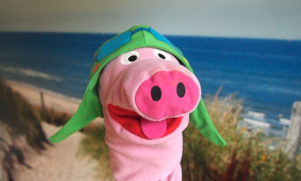 Am Strand: ein Schwein versucht sich als Bruchpilot.