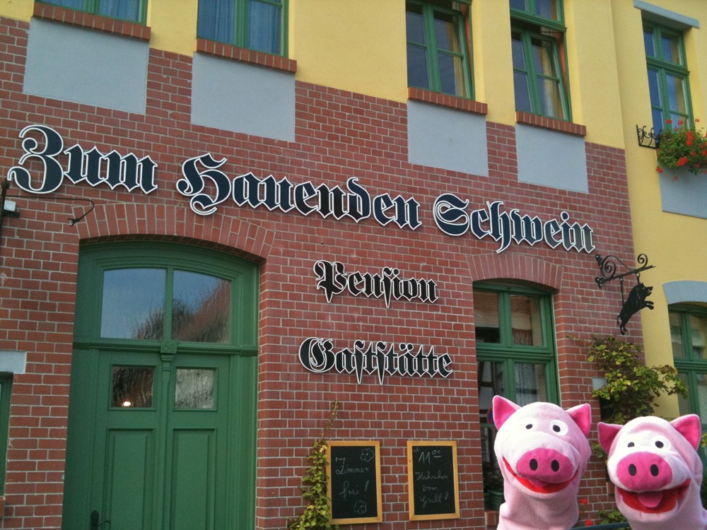 Die Schweine steigen standesgemäß "Zum hauenden Schwein" ab.