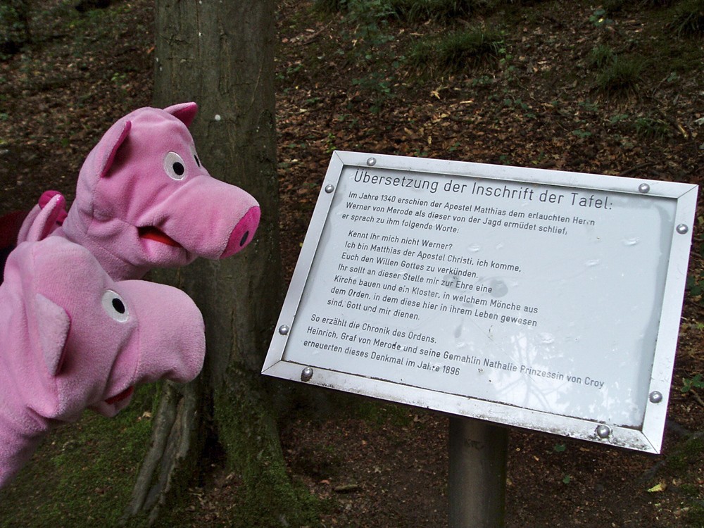 Die Schweine informieren sich über die Inschrift auf der Kapelle.