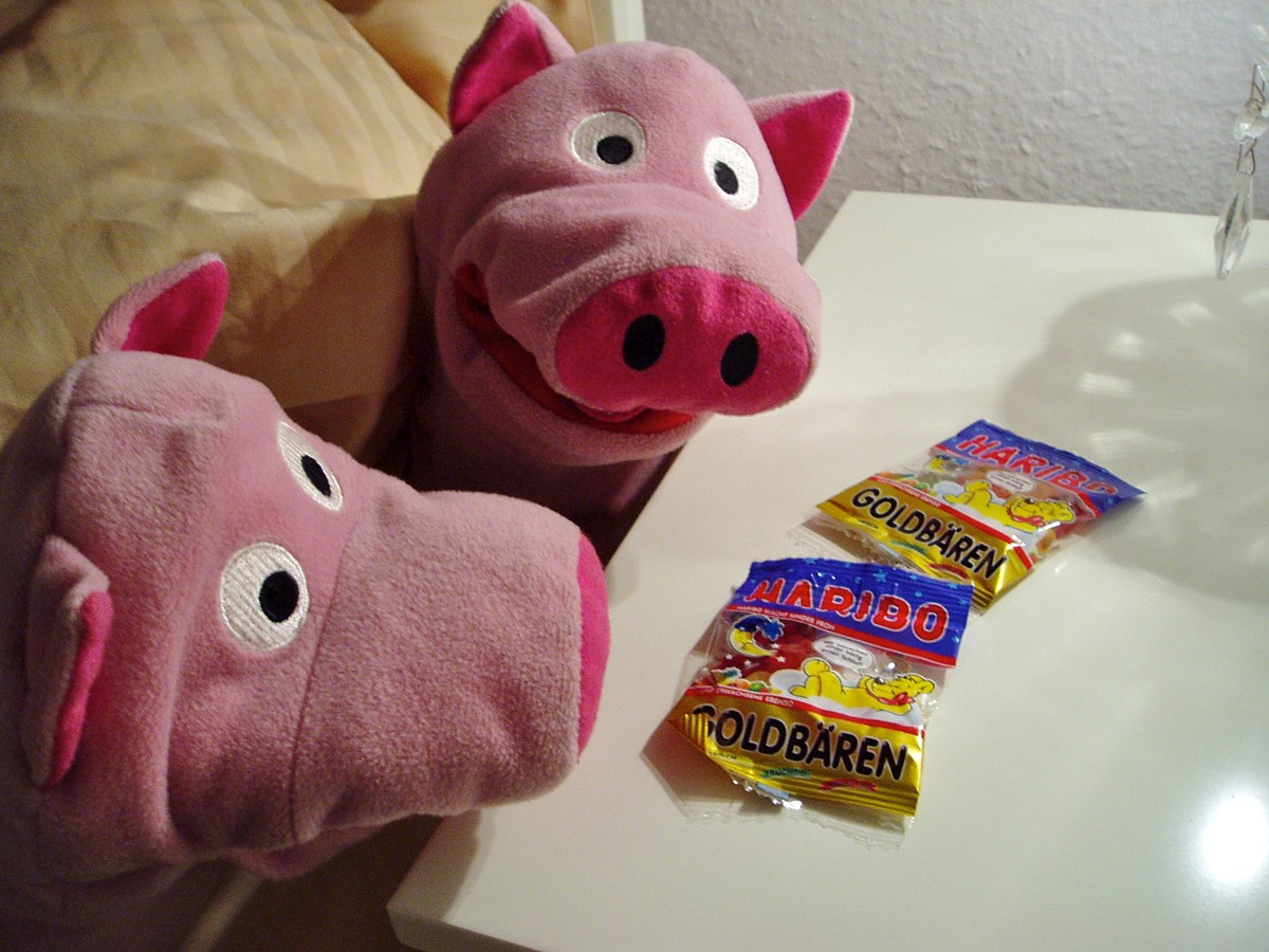 Die Schweine freuen sich über die Betthupferl im Hotel.